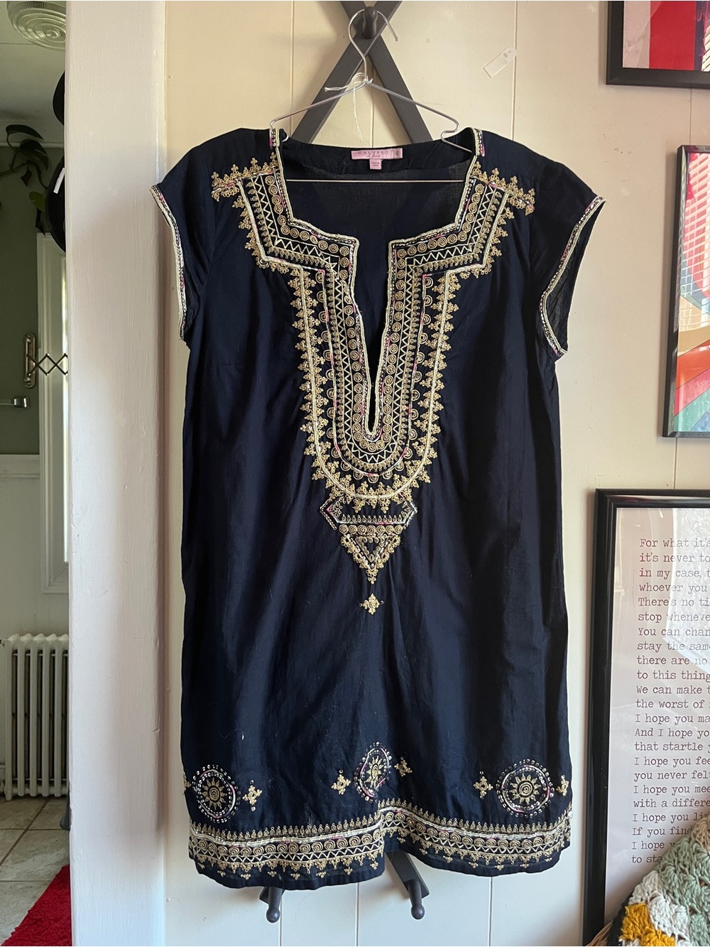 Embroidered Navy Tunic Top with Gold Detail